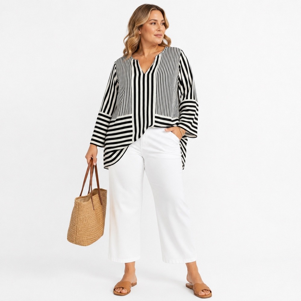 Chicos Striped Tunic Black White Long Sleeve V-Neck Top Size 2 Women's Large